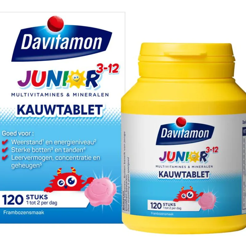 Clearance Davitamon Junior 3+ Multivitamine Kinderen Frambozensmaak 120 Kauwvitamines
