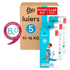 Clearance Etos Luiers Junior Maat 5 11-16 kg Maandbox 204 stuks