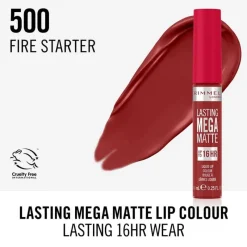 Hot Rimmel London Lasting Mega Matte Liquid Lipstick 500Fire Starter 500 Fire Starter
